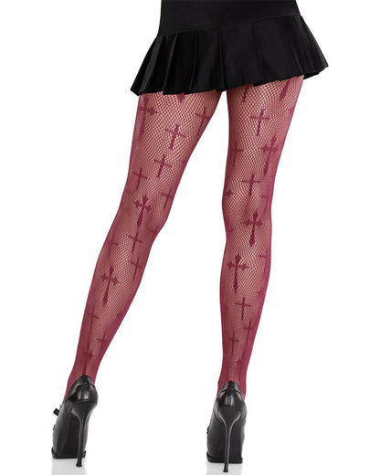 Burgundy Netted Opaque Cross Stockings