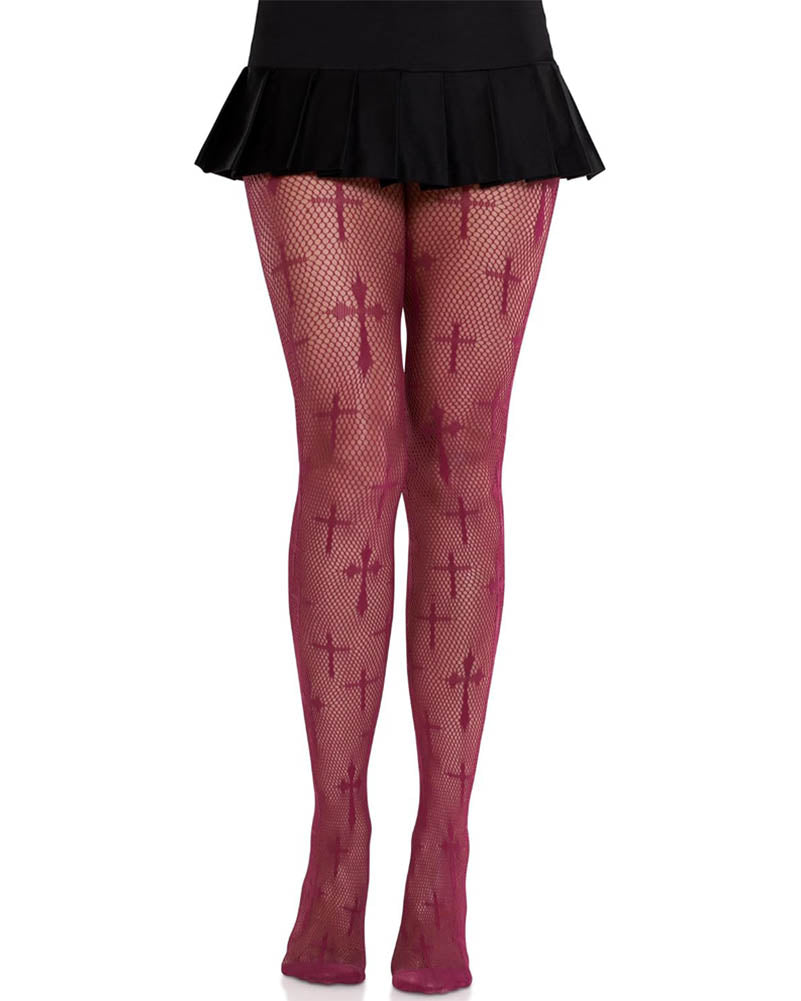 Burgundy Netted Opaque Cross Stockings