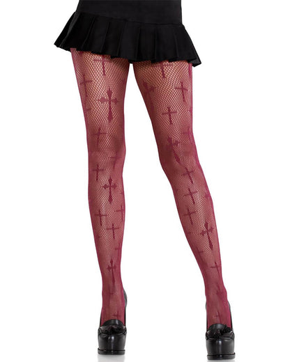 Burgundy Netted Opaque Cross Stockings