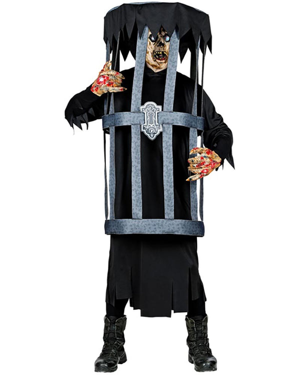 Person wearing a black and gray zombie costume with a cage-like design on a white background
