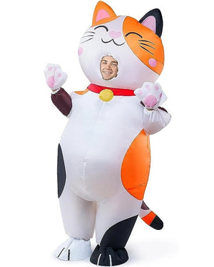 Inflatable cat costume with a person inside on a white background
