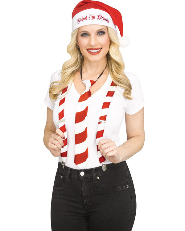 Christmas Candy Cane Holly Day Suspender Tie and Hat