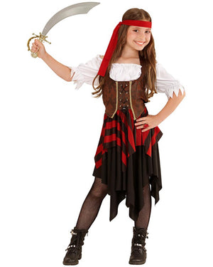 Child in a pirate costume holding a sword on a white background