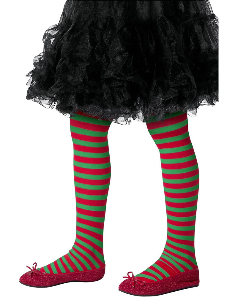 Red and green striped tights with black tutu and red shoes on a white background