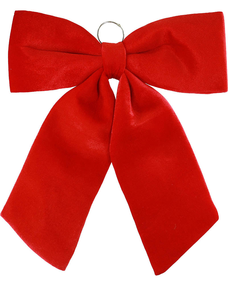 A bright red bow accessory with a silver metal ring at the center, shown against a plain white background.