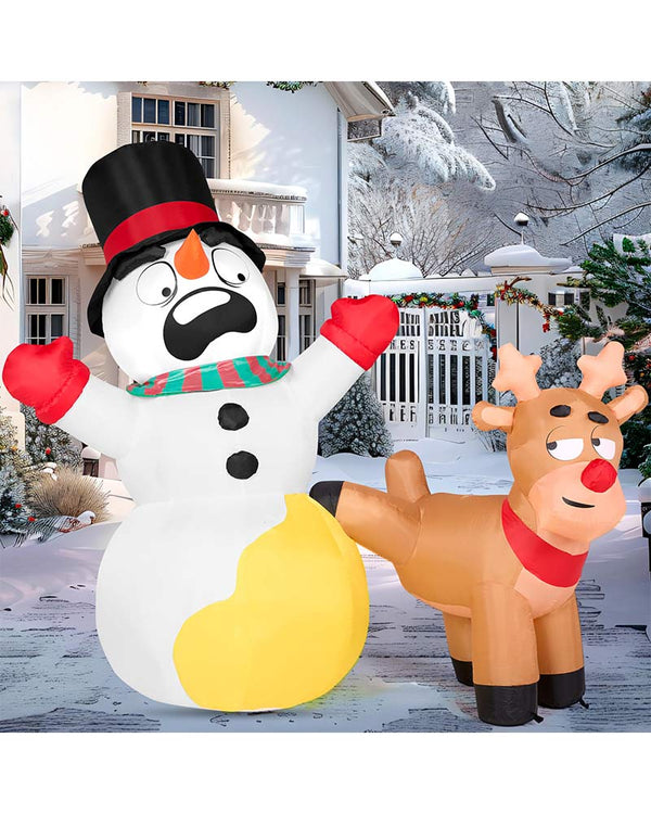 Christmas Reindeer Peeing on Snowman Lawn Inflatable 2m