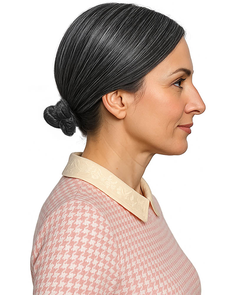 Classic Granny Old Nana Deluxe Grey Bun Wig