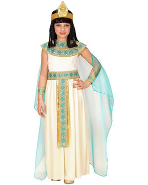 Child wearing an Egyptian costume with a headdress on a white background