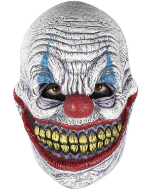 Scary clown mask with red nose and yellow teeth on a white background