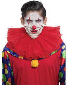 Person wearing a clown costume with a red nose and colorful outfit on a white background