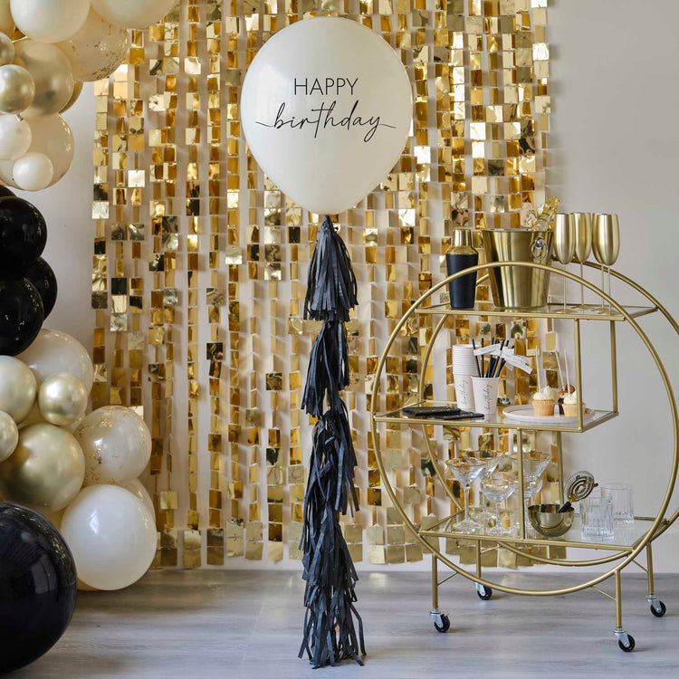 Champagne Noir Happy Birthday Balloon with Black Tassel Tail