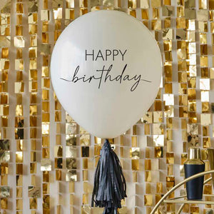 Champagne Noir Happy Birthday Balloon with Black Tassel Tail
