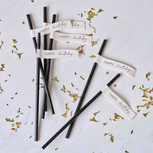Champagne Noir Nude & Black Happy Birthday Paper Straws
