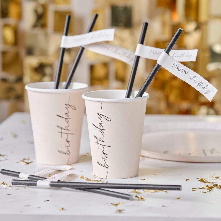Champagne Noir Nude & Black Happy Birthday Paper Straws
