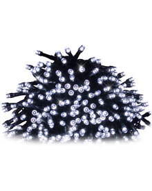 A bundle of white LED string lights with a black wire, photographed against a solid white background.