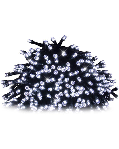 A bundle of white LED string lights with a black wire, photographed against a solid white background.