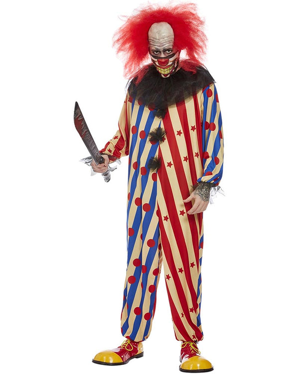 Clown costume with red hair, striped outfit, and knife on a white background