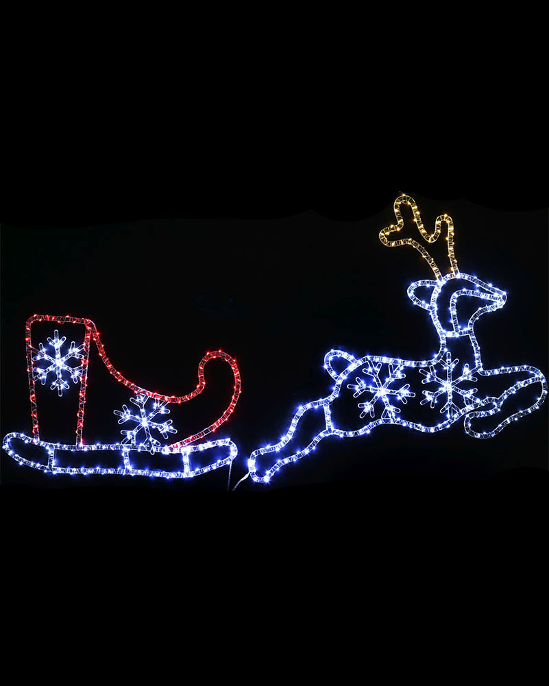 LED holiday light decoration shaped like Santa's sleigh and a reindeer, shown illuminated against a black background. The sleigh is outlined in red with blue snowflake details, and the reindeer is outlined in blue with gold antlers.