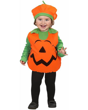 Child wearing a Halloween pumpkin costume with an orange face on a white background