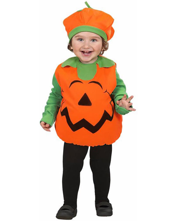 Child wearing a Halloween pumpkin costume with an orange face on a white background