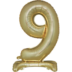 Large Number 9 Standing White Gold Foil Balloon