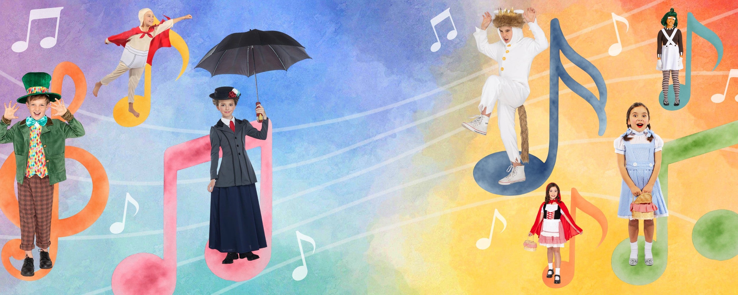 A colorful Book Week banner featuring children in various literary character costumes jumping and posing across a vibrant, rainbow-colored background with musical notes and staff lines. Characters featured: Maddest Hatter Deluxe Kids Costume, Underwear Hero Kids Costume, Classic English Nanny Girls Costume, Wild Boy Deluxe Kids Costume, Storybook Red Riding Hood Girls Costume, Girl from Oz Deluxe Girls Costume & the Chocolate Factory Worker Deluxe Girls Costume. Click to shop all Book Week Costumes.
