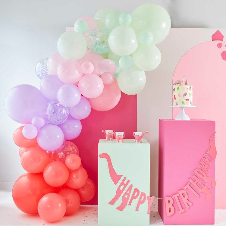 Dino Pink Balloon Arch With Confetti Balloons Pastel Pack of 78
