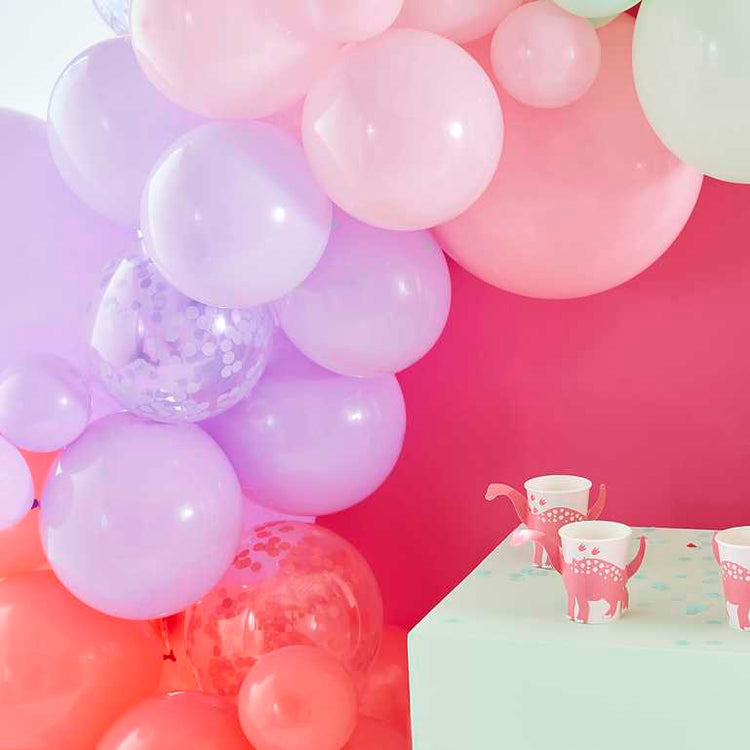 Dino Pink Balloon Arch With Confetti Balloons Pastel Pack of 78