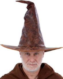 Distressed Brown Mock Leather Wizard Hat For Halloween