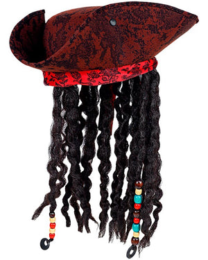 Distressed Pirate Tricorn Hat with Bandana and Dreadlocks