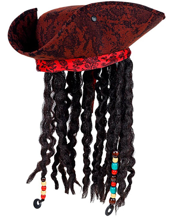 Distressed Pirate Tricorn Hat with Bandana and Dreadlocks