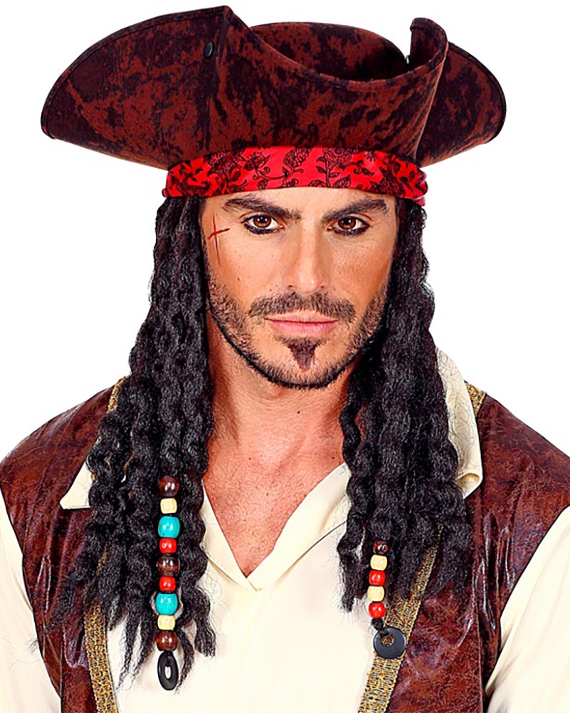 Person dressed as a pirate with a tricorn hat and long black hair on a white background