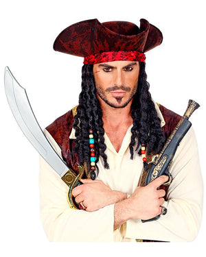 Distressed Pirate Tricorn Hat with Bandana and Dreadlocks