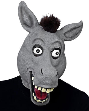 Donkey mask with exaggerated features on a white background