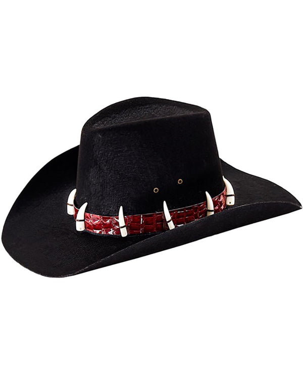 Black crocodile dundee hat with a red and white band on a white background