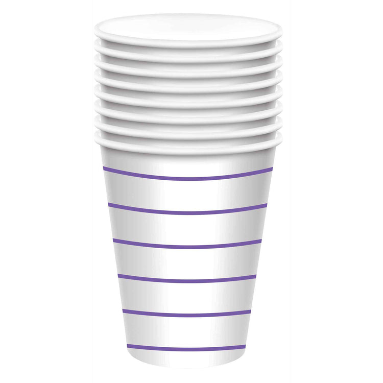 New Purple Stripes 266ml Paper Cups Pack of 8