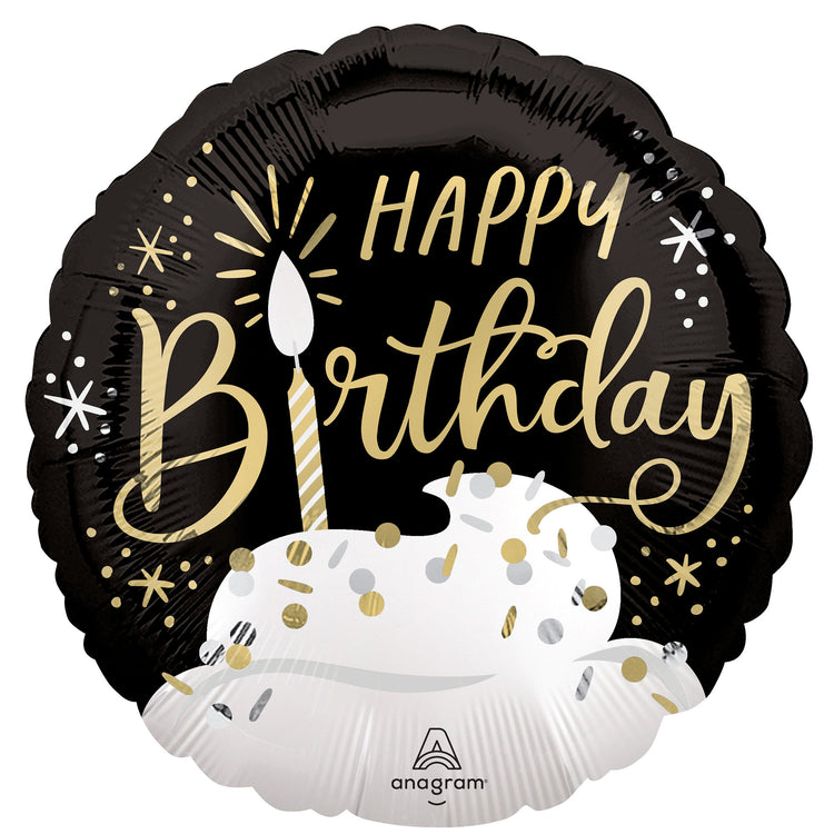 45cm Standard XL Birthday Wishes Black Silver & Gold Foil Balloon