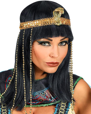 Person wearing an Egyptian costume with a headpiece and makeup.