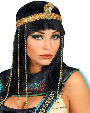 Egyptian Empress Black Wig with Beaded Snake Headband