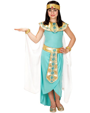 Child wearing a turquoise and gold Egyptian costume on a white background