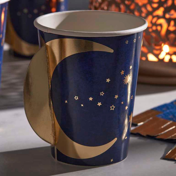 Eid 266ml Paper Cups Pop Out Moon Navy and Gold