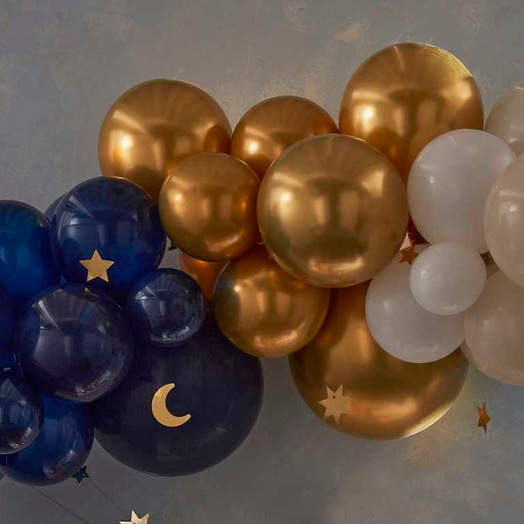 Eid Balloon Garland Mixed Chromes with Hanging Moons & Stars Navy, Gold & White