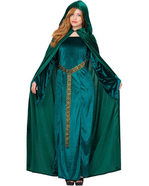 Woman wearing a green medieval-style dress with a hood on a white background