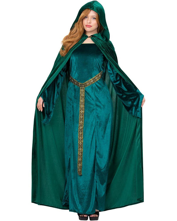 Woman wearing a green medieval-style dress with a hood on a white background