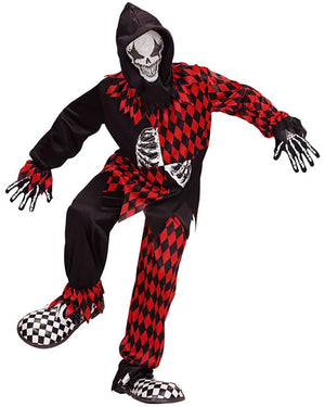 Halloween costume with black and red checkered pattern, skeleton design, and checkered shoes on a white background.
