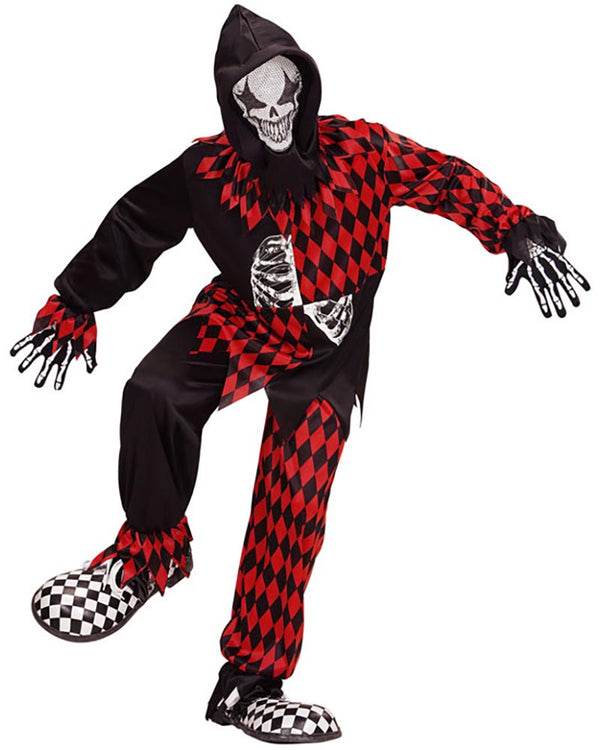 Halloween costume with black and red checkered pattern, skeleton design, and checkered shoes on a white background.