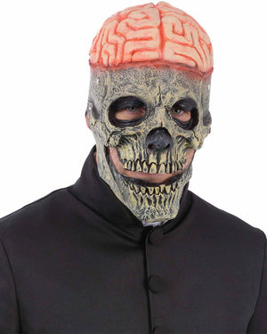 Person wearing a skull mask with a brain on top against a white background