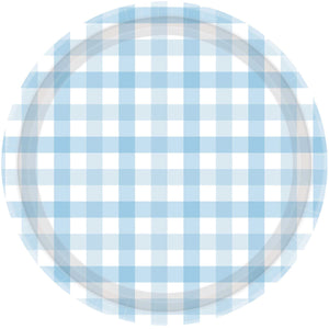 Gingham 17cm Paper Plate Pastel Blue Pack of 8