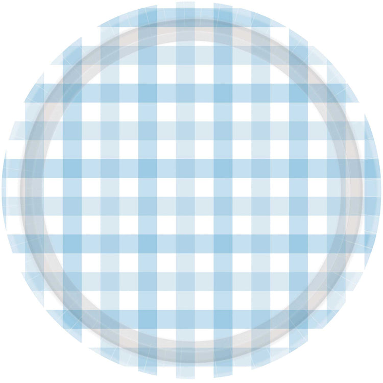 Gingham 17cm Paper Plate Pastel Blue Pack of 8