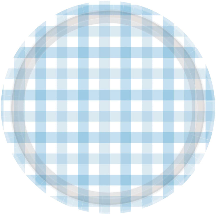 Gingham 17cm Paper Plate Pastel Blue Pack of 8